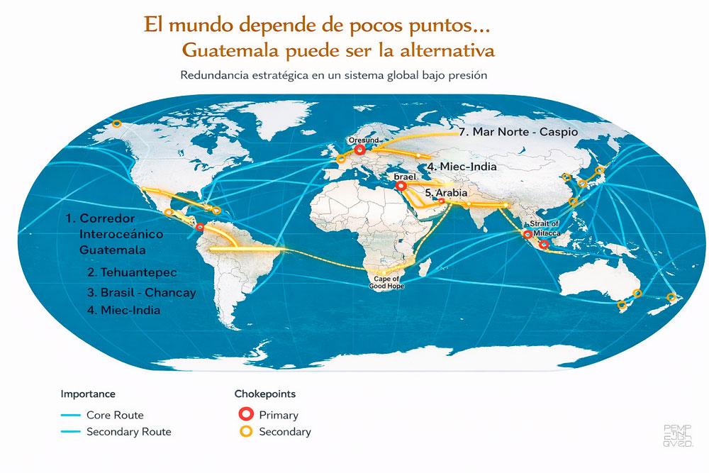 Mapa del corredor interoceánico de Guatemala y rutas comerciales globales