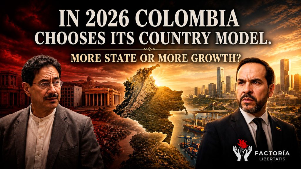 Representación de la elección presidencial de Colombia en 2026 como una decisión entre una mayor intervención estatal y un modelo orientado al crecimiento económico.
