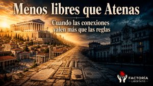 Representación de la comparación entre la libertad económica de la Atenas clásica y las instituciones de la Guatemala contemporánea.
