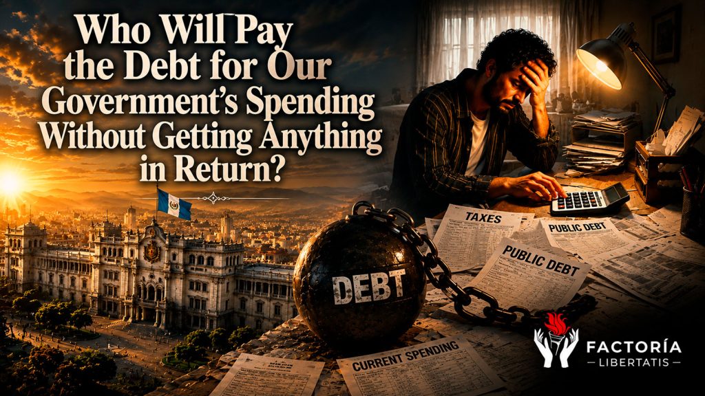 Illustration representing the burden of Guatemala's growing public debt and government spending on future generations of taxpayers.