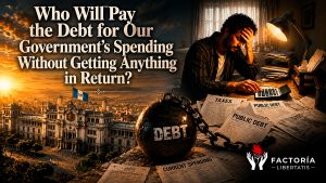 Illustration representing the burden of Guatemala's growing public debt and government spending on future generations of taxpayers.