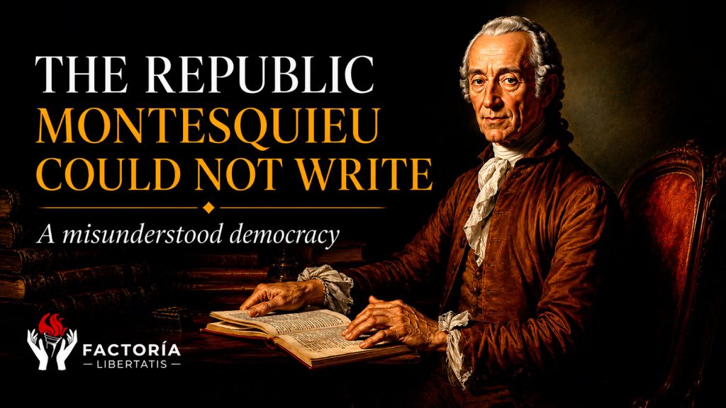 Illustration representing Montesquieu's political philosophy, the evolution of constitutional checks and balances, and the debate over republican institutions and the rule of law.