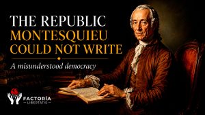 Illustration representing Montesquieu's political philosophy, the evolution of constitutional checks and balances, and the debate over republican institutions and the rule of law.